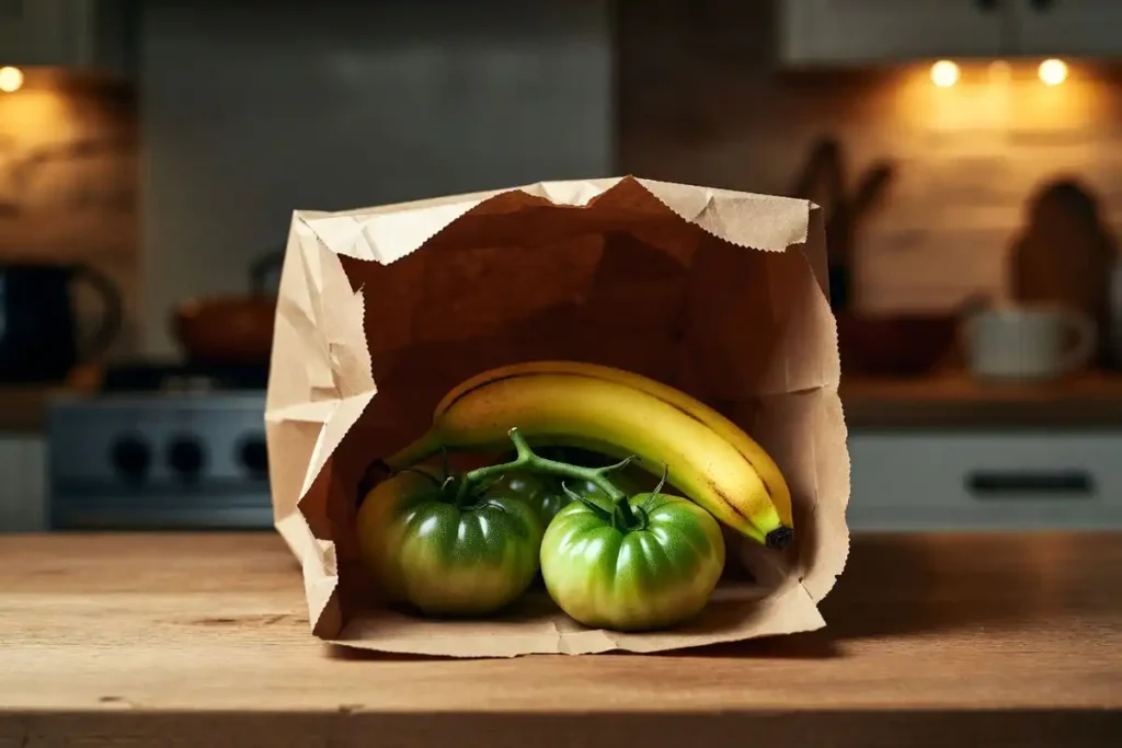green tomatoes placed inside a brown paper bag with a ripe banana to speed ripening