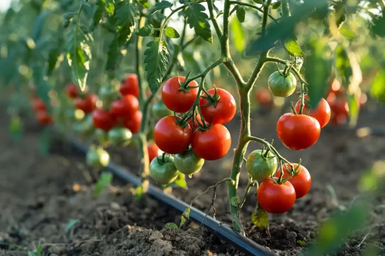 tomato plant with ripe and developing fruit growing in a well watered garden row