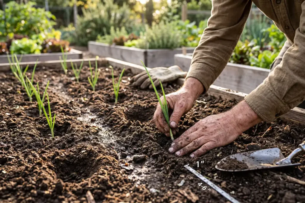 Farmer transplanting onion seedlings into prepared soil row