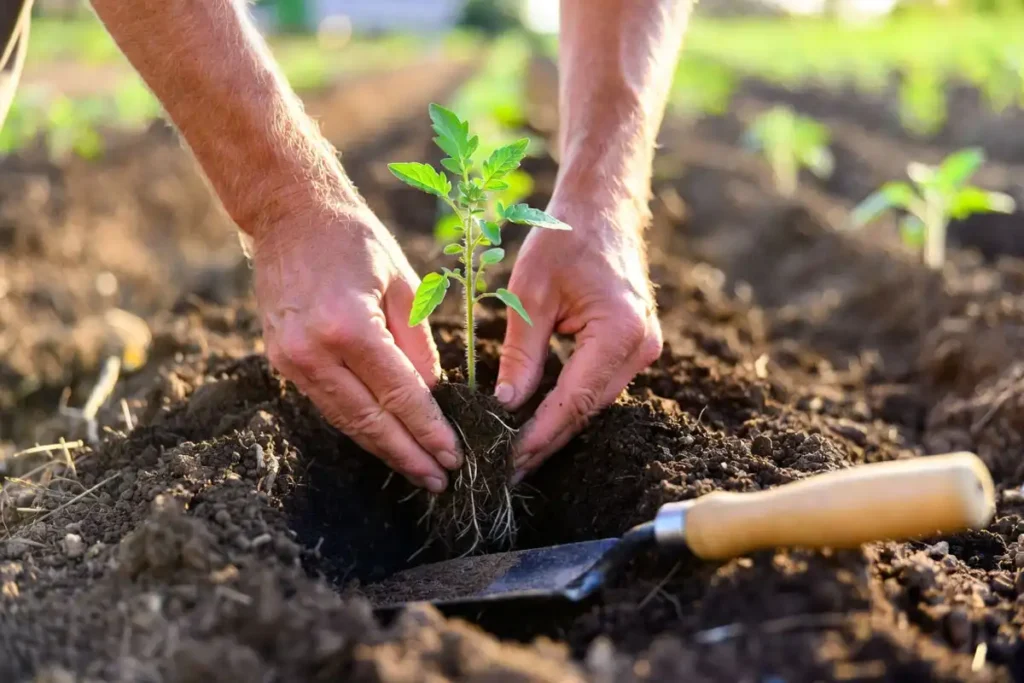 hands placing a tomato seedling deep into a prepared outdoor garden bed