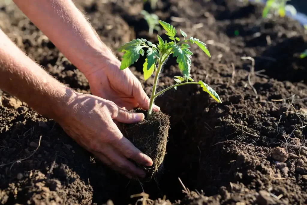 hands placing a tomato transplant deep into prepared garden soil