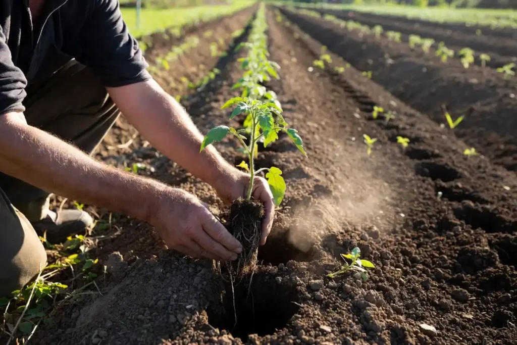 grower placing a tomato transplant into a prepared hole in the garden