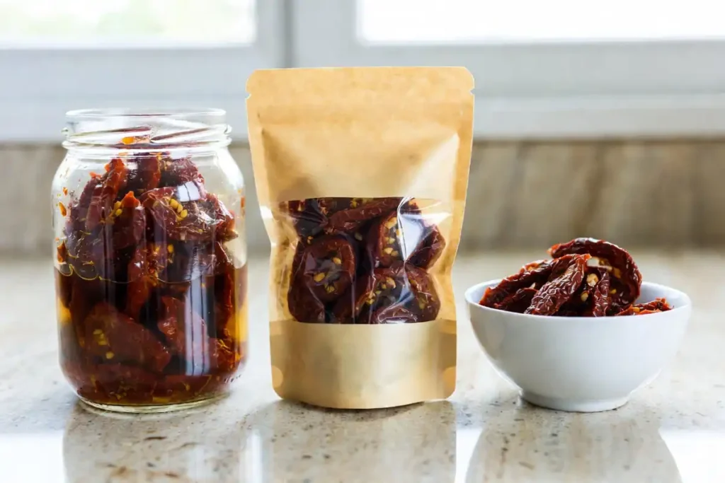  three forms of dehydrated tomatoes in a jar bag and bowl on a stone counter