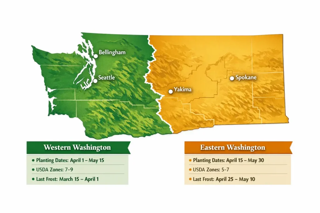 washington state map showing regional tomato transplant dates by zone