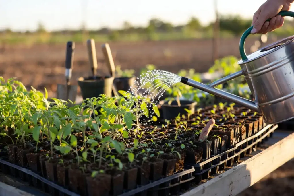 watering tomato starts with fine rose can while checking moisture