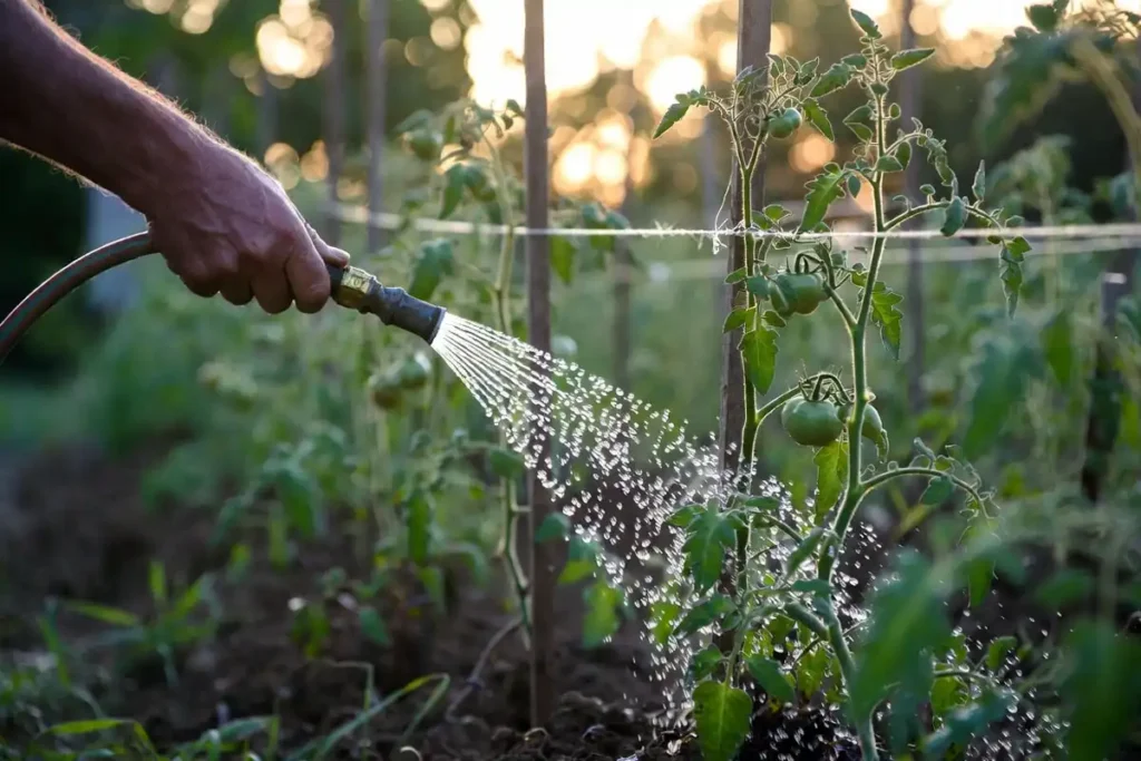 garden hose watering the base of tomato plants early in the morning with sunlight