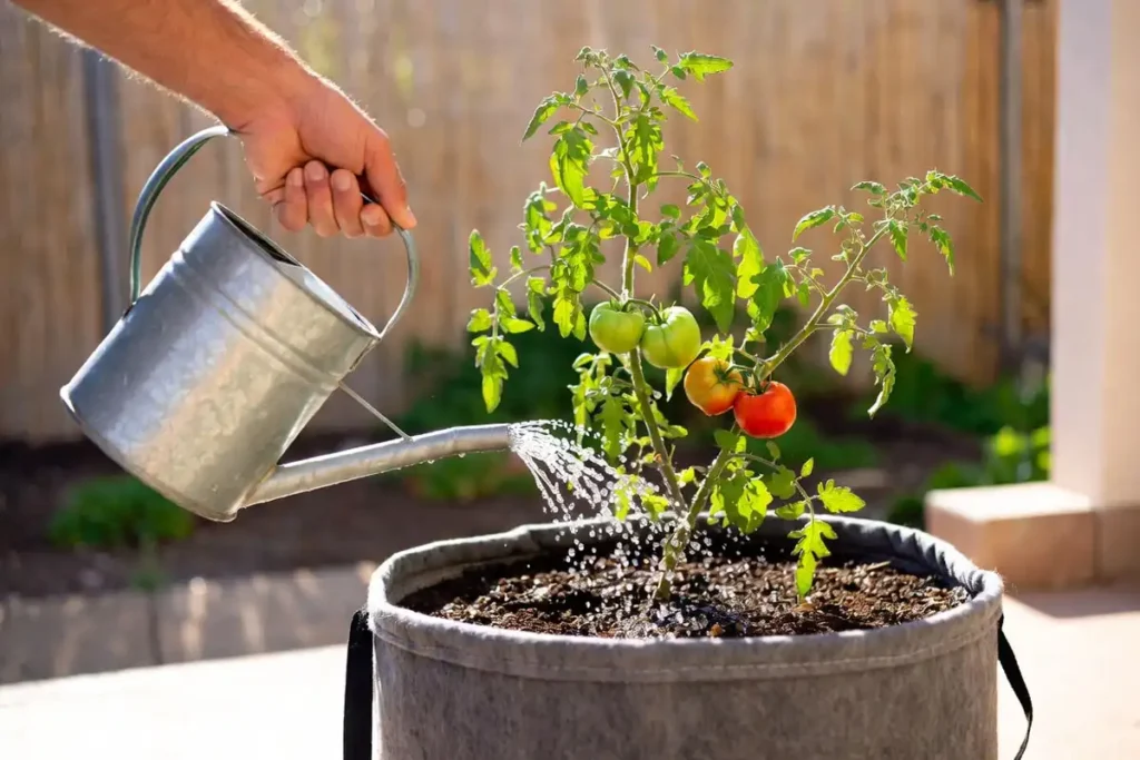 farmer watering container tomato plants using a watering can on a sunny patio