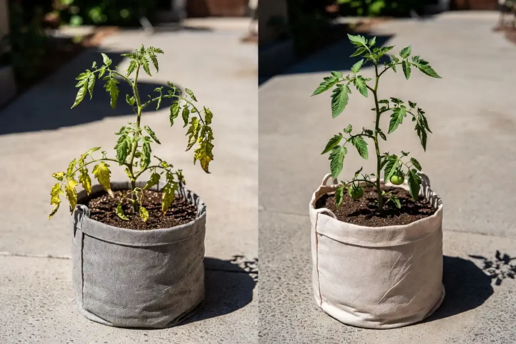 side by side comparison of underwatered and healthy tomato plants in fabric bags