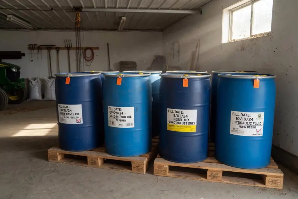 Sealed 55 gallon drums of corn stored safely in barn