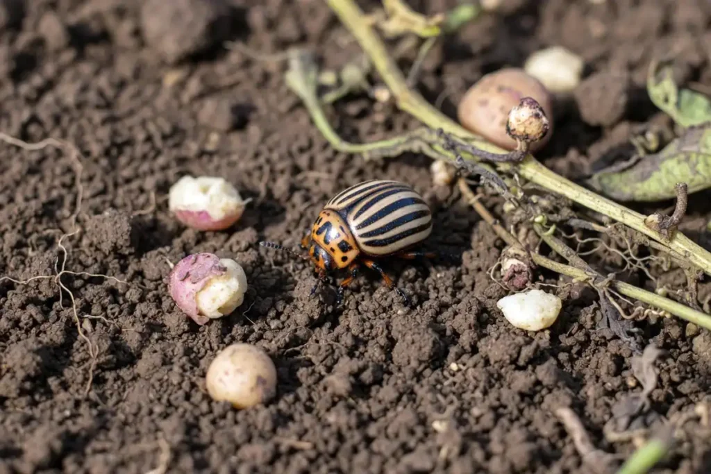 Colorado potato beetle on soil after potato harvest