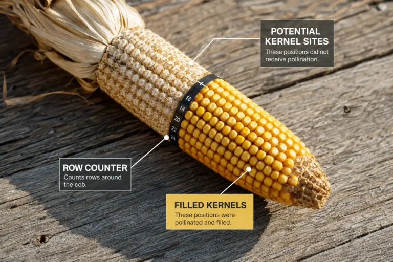 A cob of corn carries 750 to 1,000 potential kernel sites but usually fills 400 to 600, shown side by side with row counts marked.