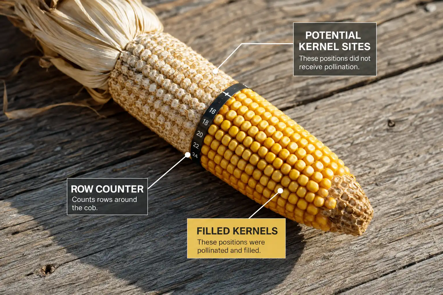 A cob of corn carries 750 to 1,000 potential kernel sites but usually fills 400 to 600, shown side by side with row counts marked.