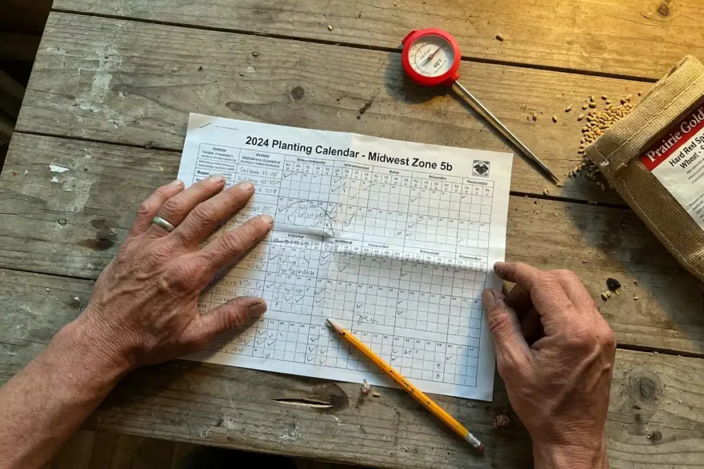 Farmer reviewing a planting calendar with soil thermometer and wheat seed on a farm table
