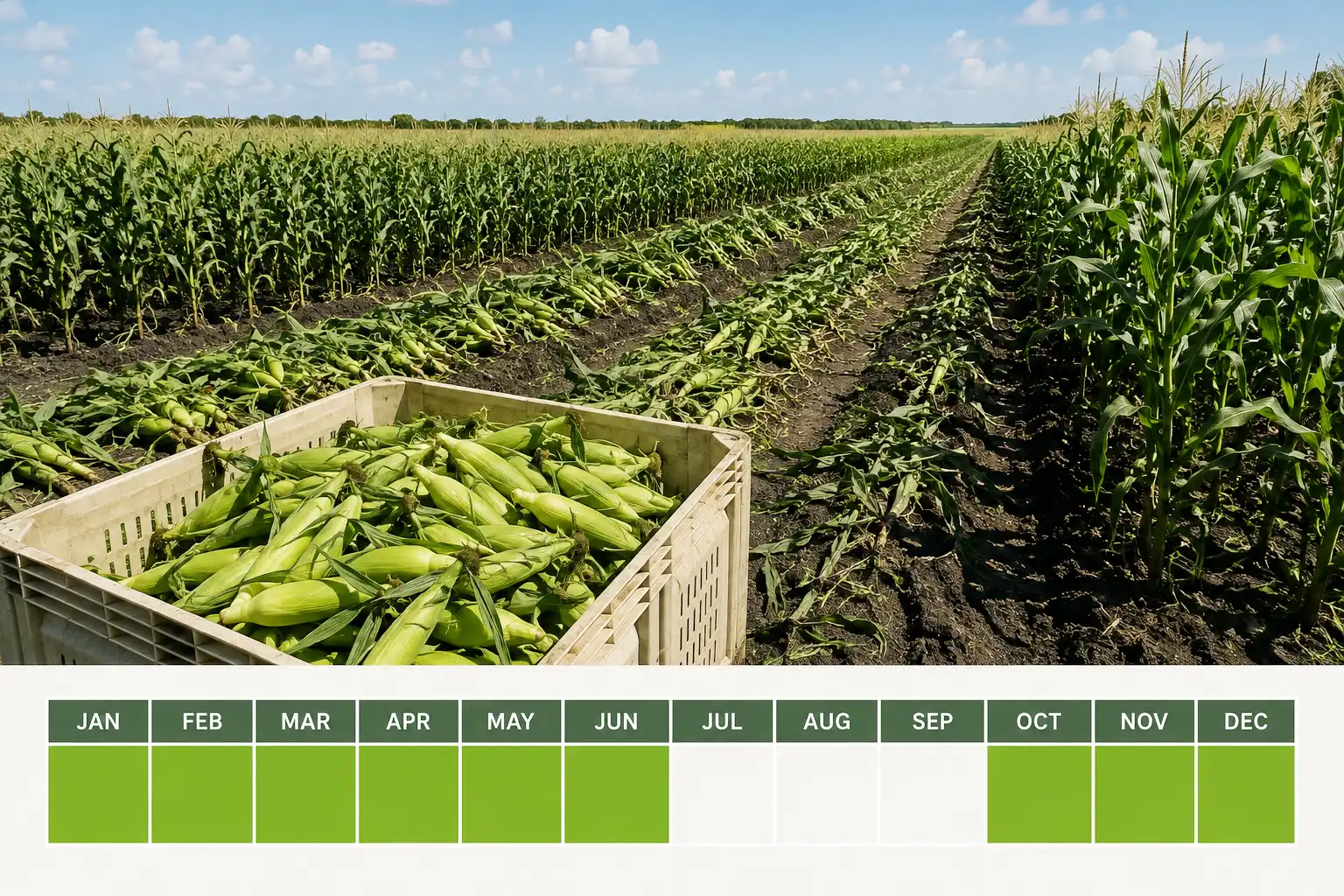 Florida sweet corn is in season from October through June, with fields resting July through September.