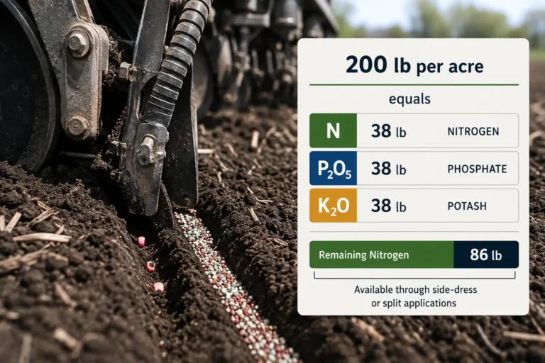 A 200 pound per acre rate of 19-19-19 supplies 38 pounds each of nitrogen, phosphate, and potash, banded two inches beside and below the corn seed.