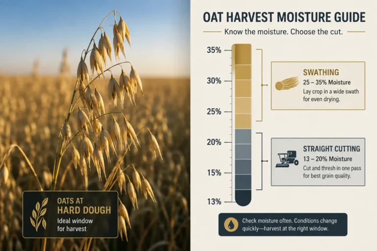 Oats are ready to harvest at hard dough near 30 to 35 percent kernel moisture for swathing, and at 13 to 14 percent for straight cutting.
