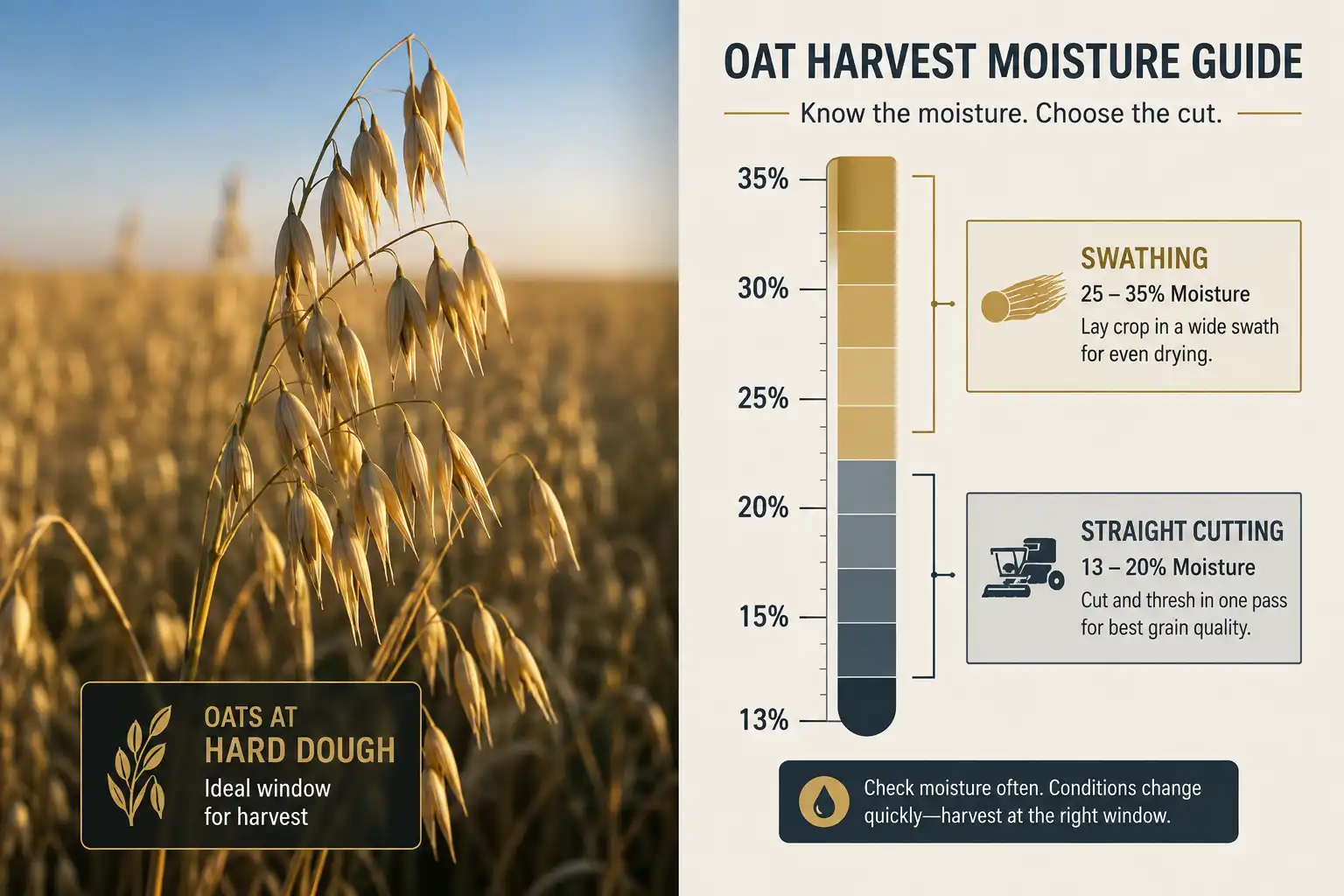 Oats are ready to harvest at hard dough near 30 to 35 percent kernel moisture for swathing, and at 13 to 14 percent for straight cutting.