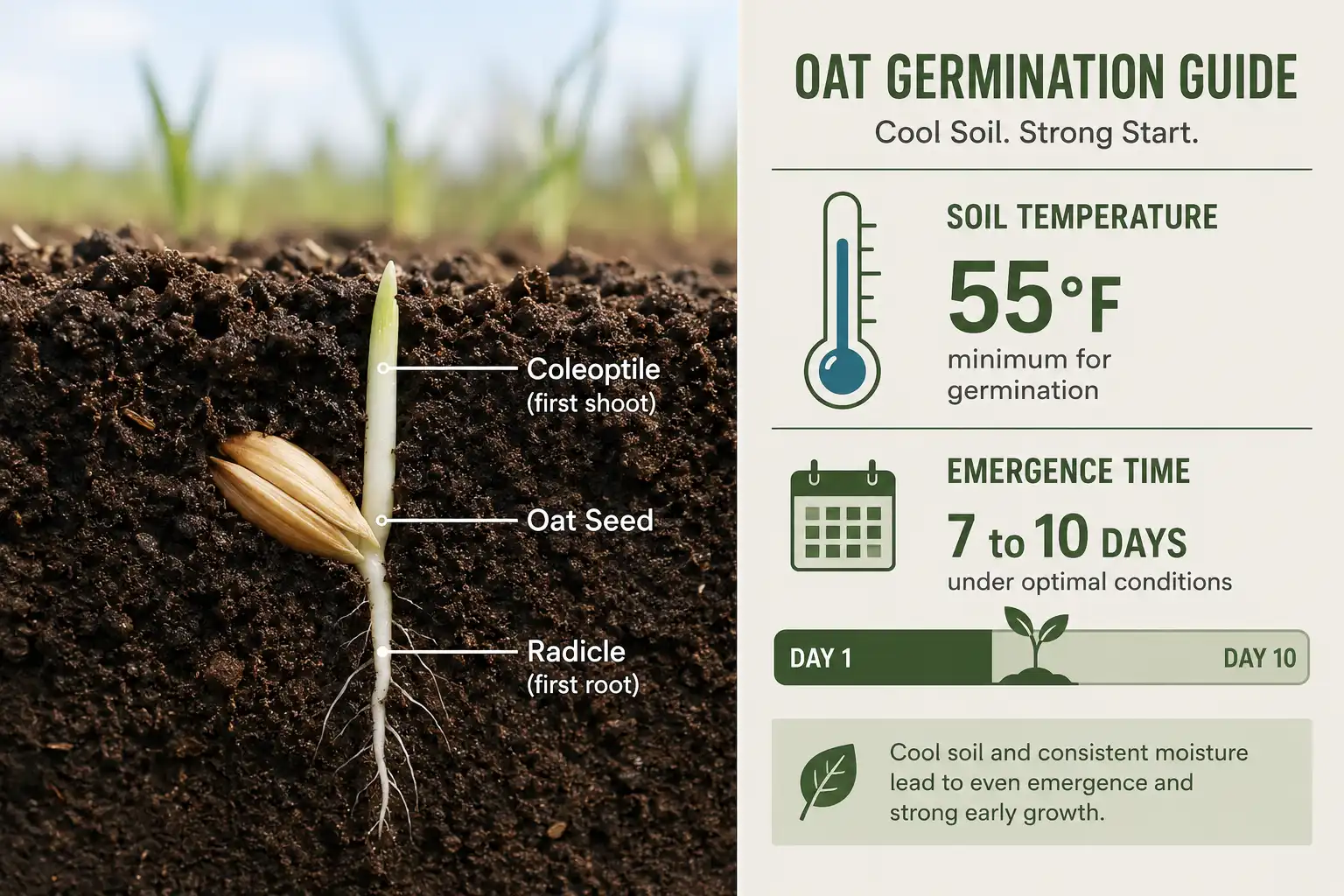 Oats sprout in 7 to 10 days when soil sits near 55 degrees Fahrenheit, shown as a seed cross section beside a labeled emergence timeline