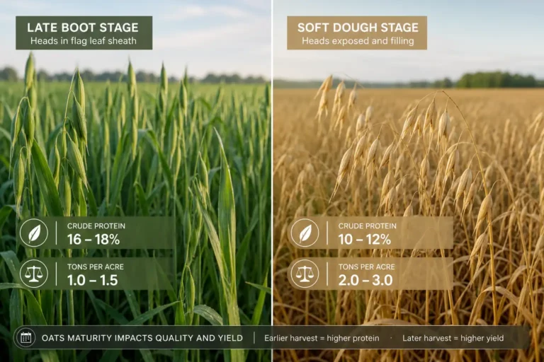Oats are cut at late boot to early heading for dairy cows and young stock, then at milk to soft dough for mature cows and horses when tonnage matters more than protein.