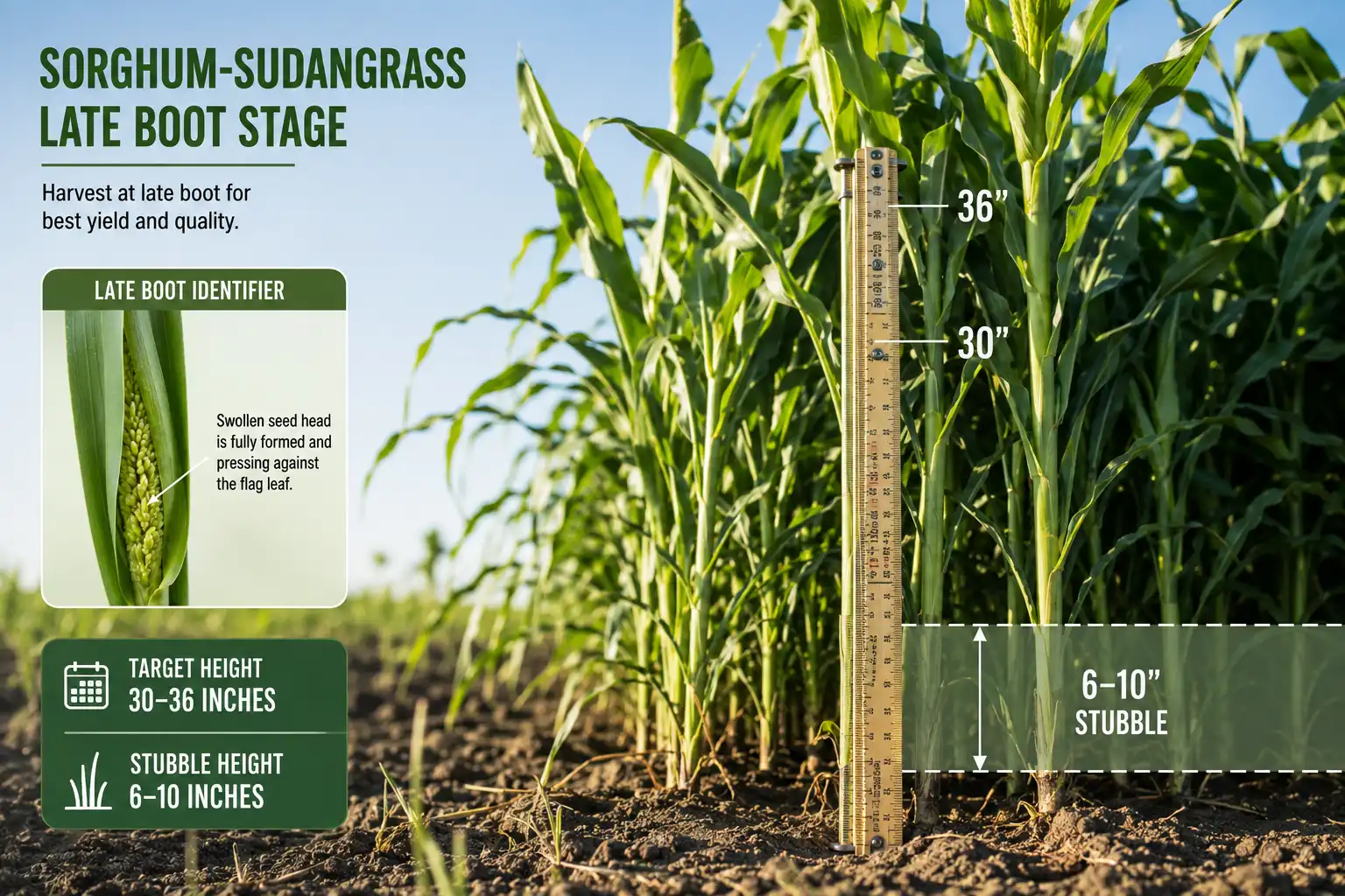 Sorghum-sudan grass is cut for hay at 30 to 36 inches in late boot, before heads emerge, leaving a 6 to 10 inch stubble.