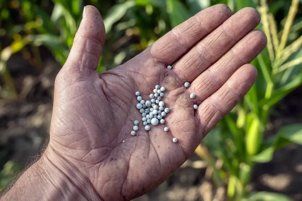Balanced NPK fertilizer granules in farmer's hand