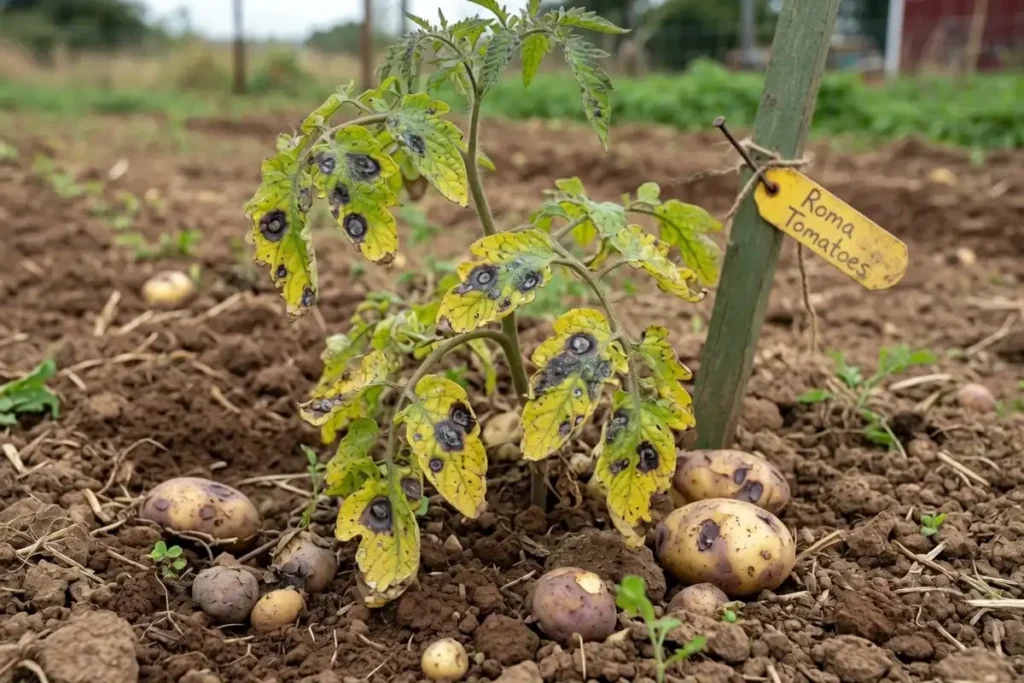 Tomato plant showing blight symptoms in former potato ground