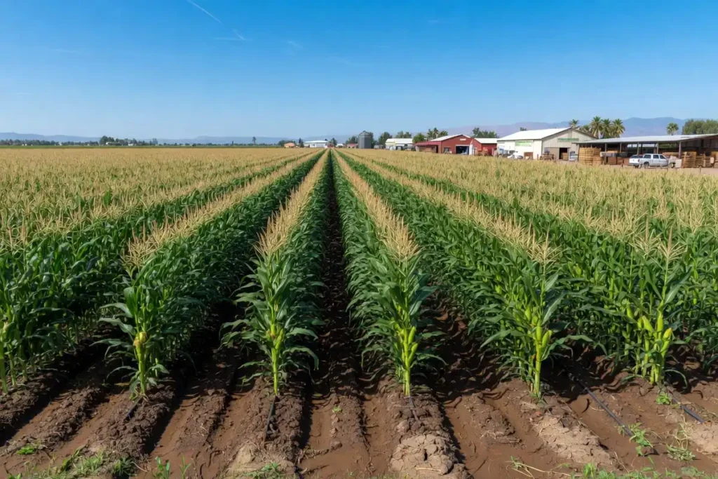 Tall sweet corn field in California Central Valley during summer