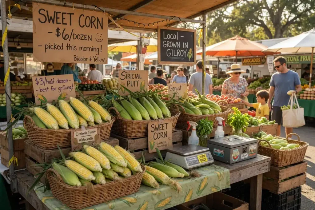 California farmers market stand with fresh sweet corn
