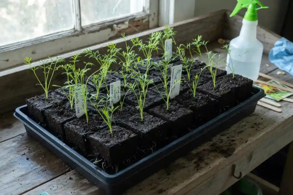 Young carrot seedlings growing in deep soil blocks