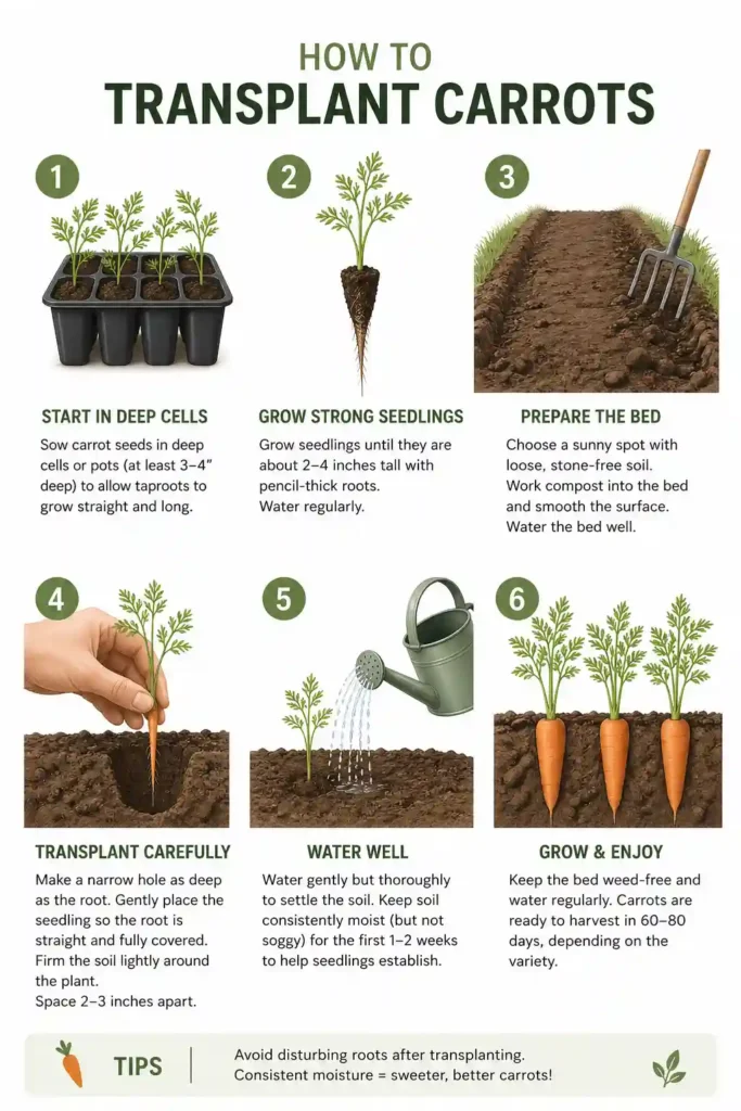 Step by step carrot transplanting process infographic