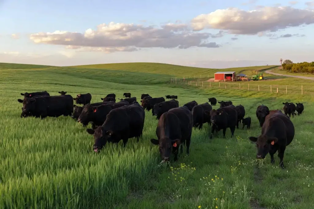 Angus cattle grazing spring planted wheat forage