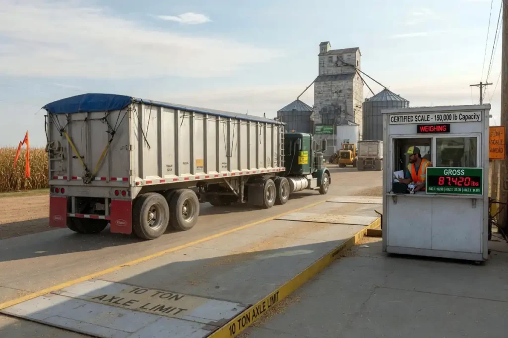 Loaded grain semi truck on certified weigh scale at elevator
