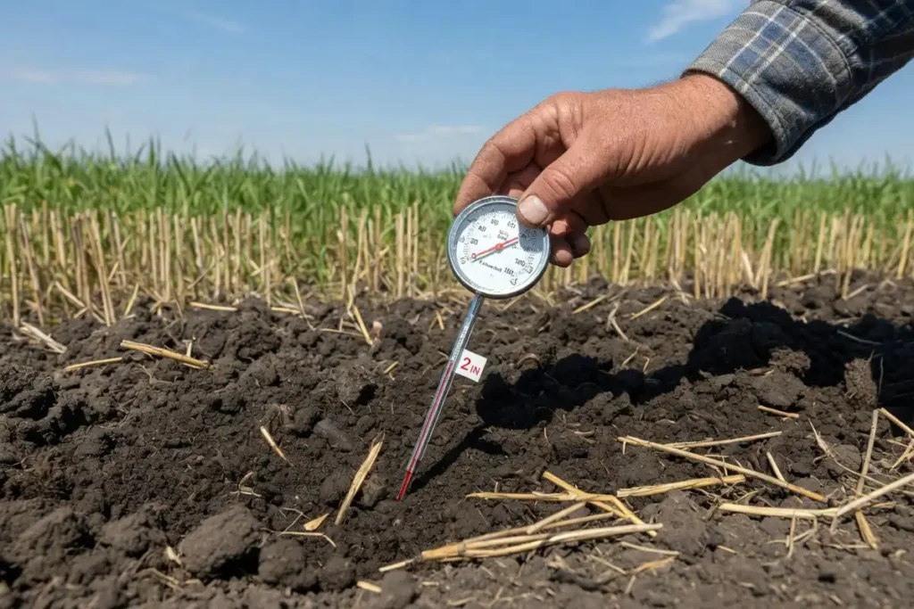 Soil thermometer measuring temperature at two inch depth in wheat field