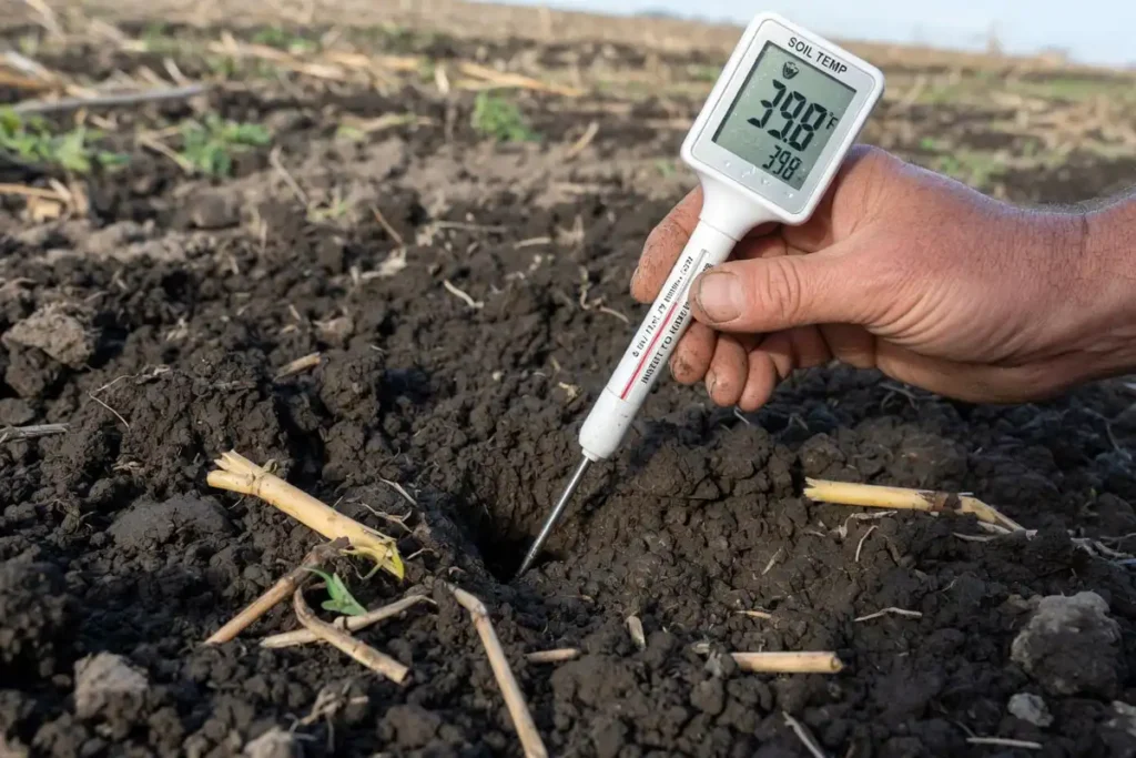 Farmer checking soil temperature with thermometer before planting wheat