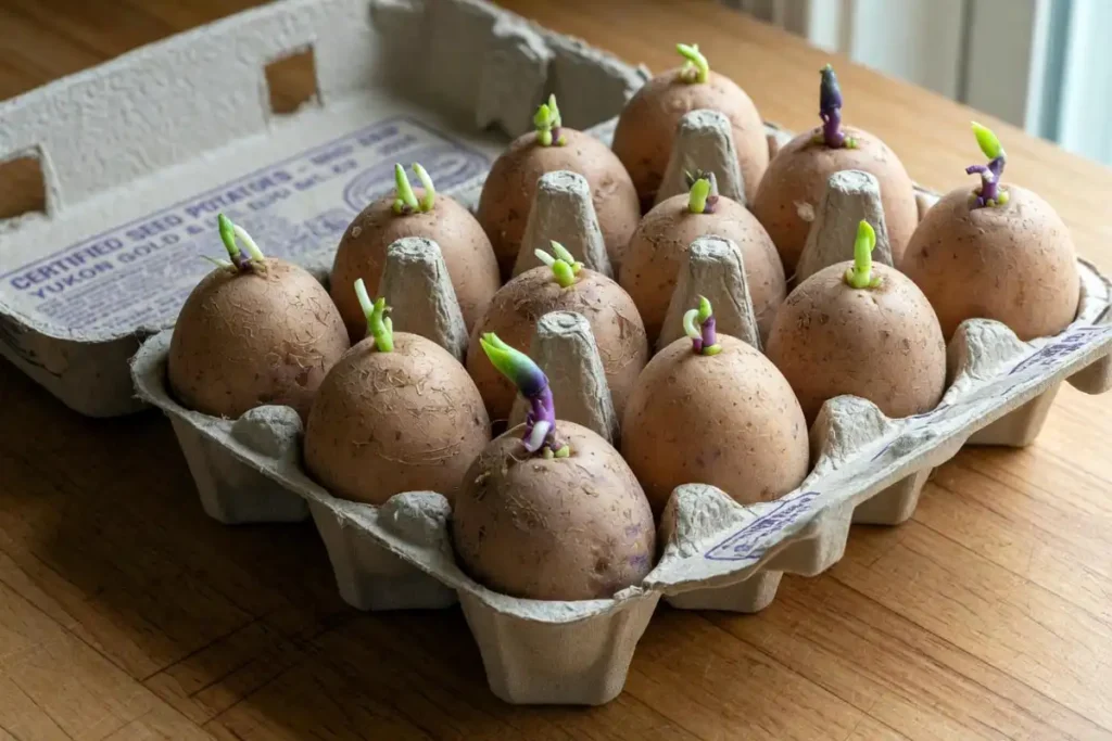 Chitted seed potatoes with sprouts before cutting