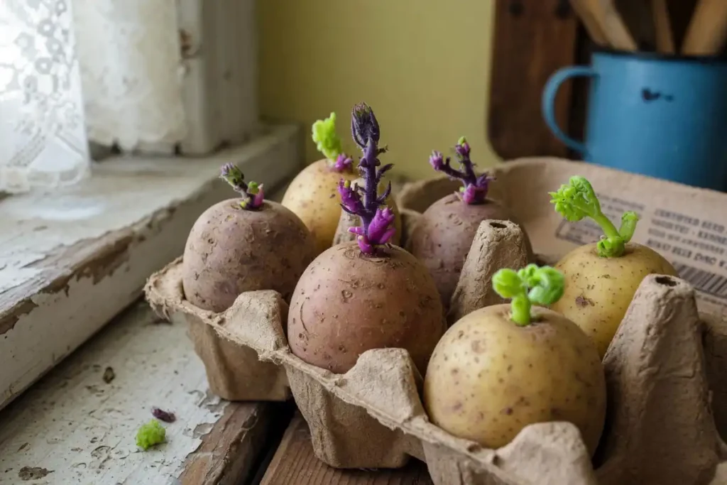 Chitted seed potatoes with green sprouts in egg tray