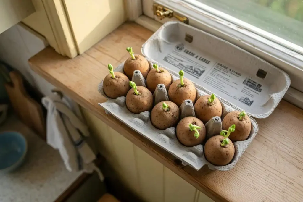 Store bought potatoes chitting in an egg carton on a windowsill