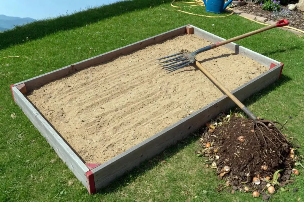 Raised garden bed with tilled sandy loam soil ready for planting