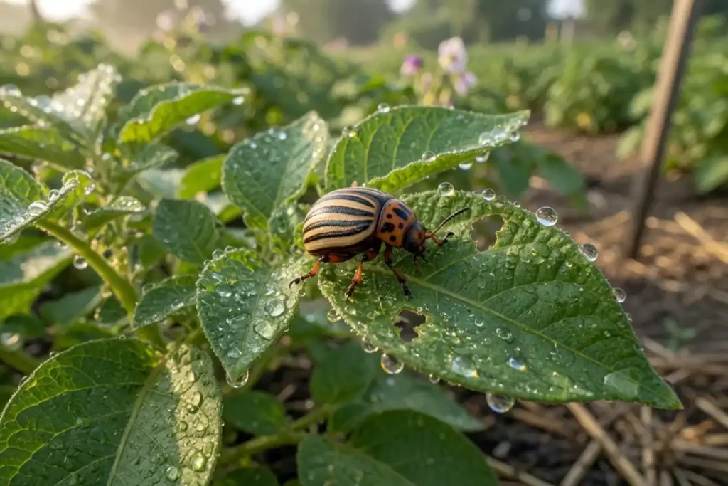 Colorado potato beetle on a green potato leaf
