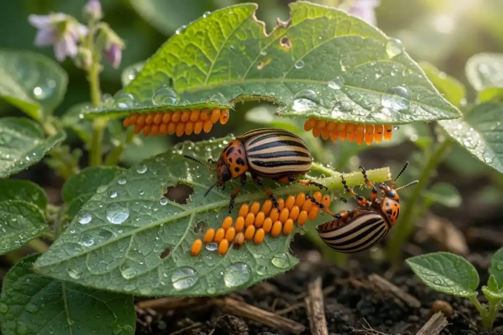 Colorado potato beetle and orange eggs on a potato leaf