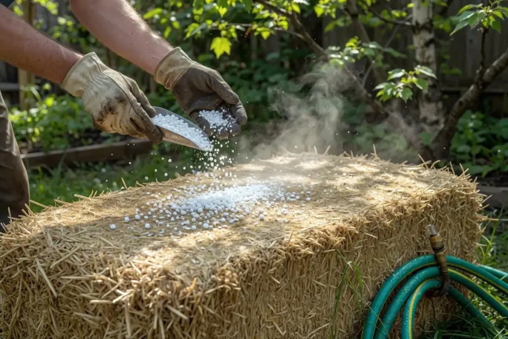 Gardener conditioning a straw bale with nitrogen fertilizer