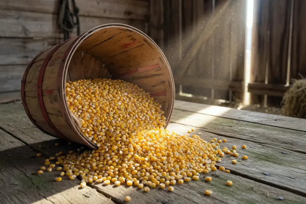 Shelled yellow corn kernels showing standard bushel weight