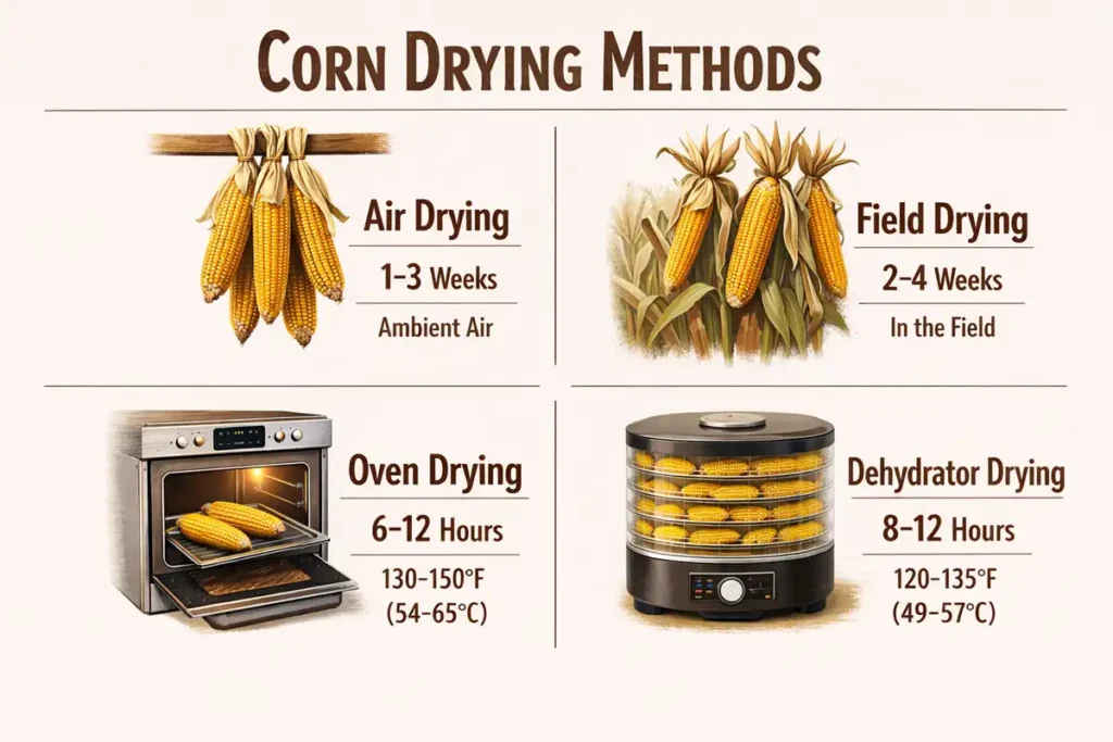 Infographic comparing four corn drying methods