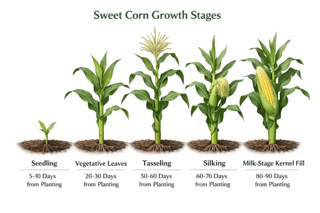 Sweet corn growth stages from seed to harvest