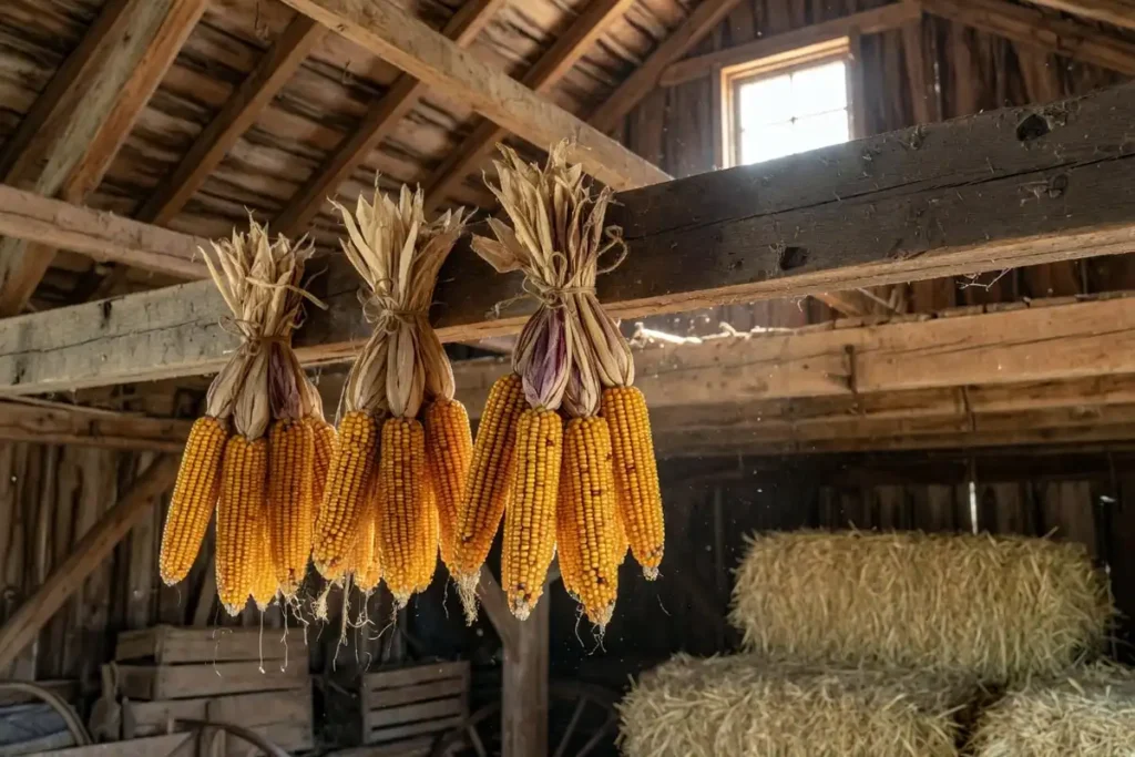 Corn cobs hanging in a ventilated barn loft