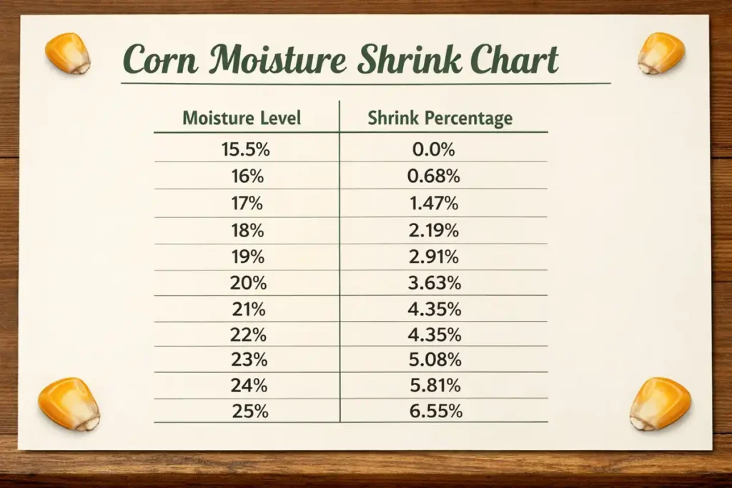 Corn moisture shrink conversion chart for farmers