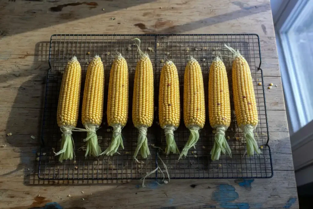 Dried corn cobs spread on a wire mesh drying rack