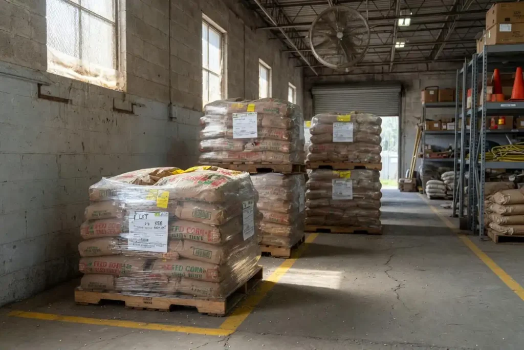 Pallets of bagged corn stored in a clean ventilated warehouse