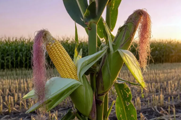 Mature corn stalk carrying two green ears in a Kansas field
