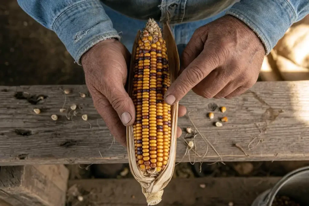 Farmer counting rows on a dried corn ear